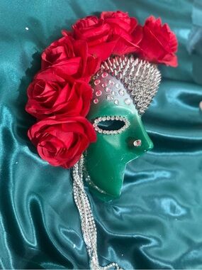 Green Decorative Masquerade Mask with Red Rose Crown and Rhinestones